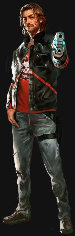  Ilustración de Lone Agent. Agent es un hombre con una cicatriz en la mejilla que le da  un aspecto rudo y peligroso. Tiene el cabello largo, castaño claro y despeinado,  y lleva barba. Su expresión es segura, con una leve sonrisa irónica, y sus  ojos muestran desconfianza, reflejando la dureza de su vida como empleado de la Eternal Security Corporation. 