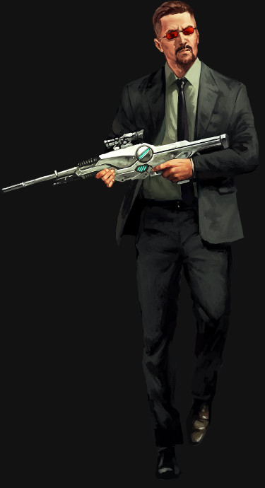 Ilustración de Solver McNeil. Solver es un hombre de expresión dura, con un corte de cabello corto y  peinado hacia un lado. Lleva gafas de sol de cristal rubí, que refuerzan su aspecto intimidante.  Perilla bien recortada que añade a su imagen un toque de seriedad y control,  dando la impresión de un hombre implacable y calculador.